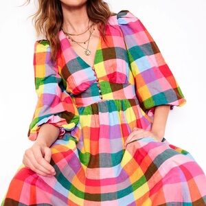 Boden Lola Blouson Rainbow Multi-Gingham Plaid Maxi Dress Women’s US size 4.